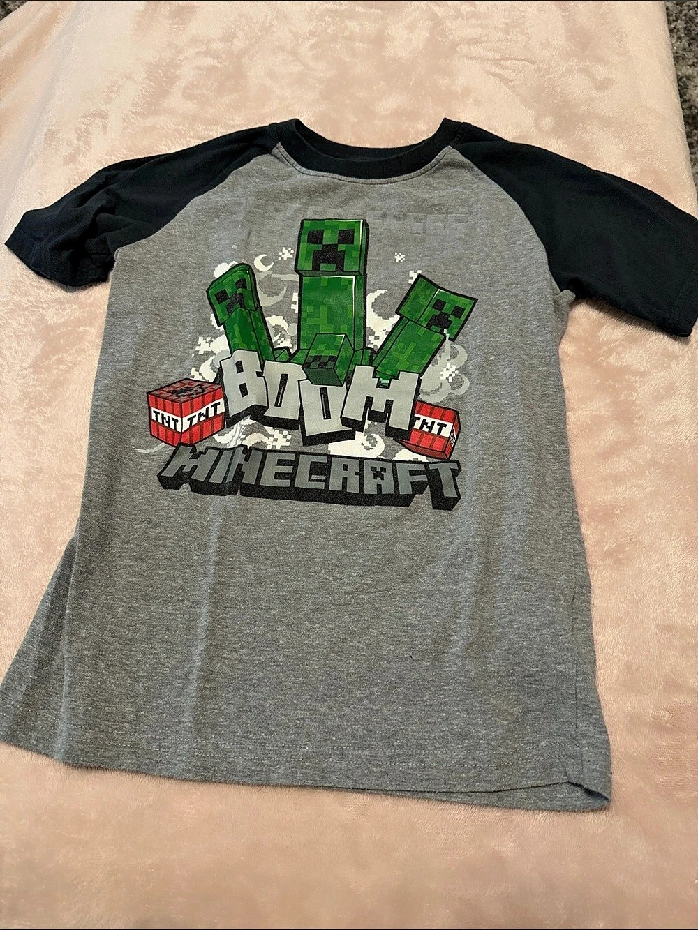 Minecraft Creeper Boom TNT Raglan T-Shirt Graphic Tee Size 10